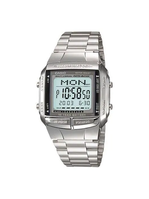 Часы CASIO Men' s Data Bank Dial Stainless Steel Band Quartz Waterproof Mens Silver — изображение 1 из 4, оттенок серебряный