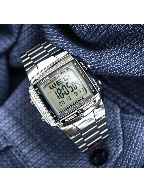 Часы CASIO Men' s Data Bank Dial Stainless Steel Band Quartz Waterproof Mens Silver — изображение 2 из 4, оттенок серебряный