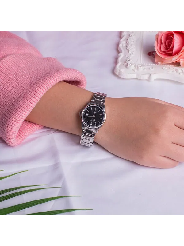 Часы CASIO Waterproof Quartz Stainless Steel Strap Silver Black Dial Black Analog — изображение 4 из 4, оттенок черный