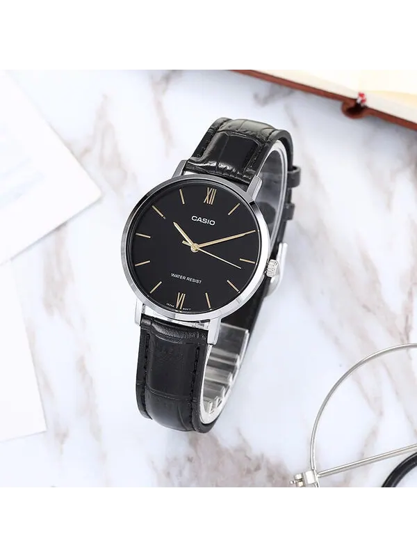 Часы CASIO Leather Band Waterproof Quartz Black Analog — изображение 2 из 4, оттенок черный