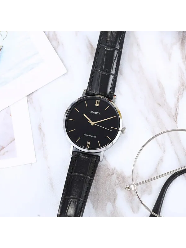 Часы CASIO Leather Band Waterproof Quartz Black Analog — изображение 4 из 4, оттенок черный