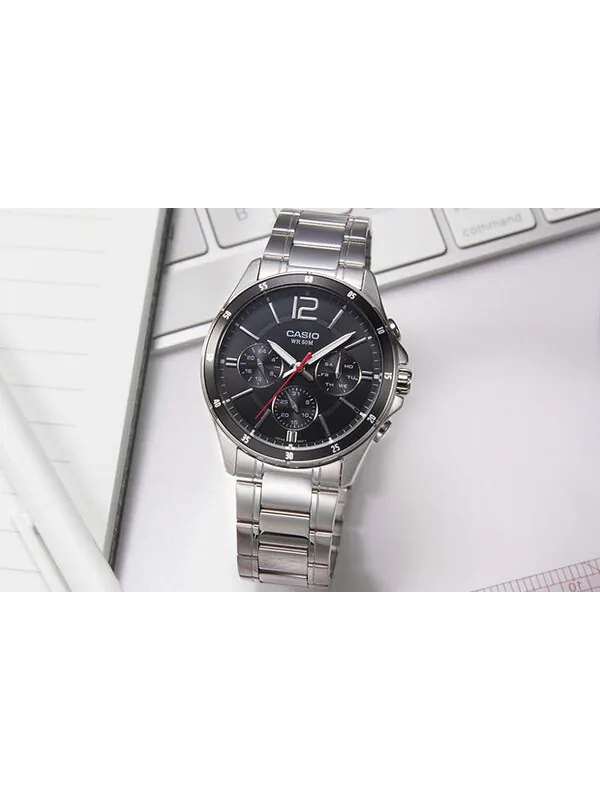 Часы CASIO Waterproof Stainless Steel Strap Quartz Mens Black Analog — изображение 2 из 4, оттенок черный