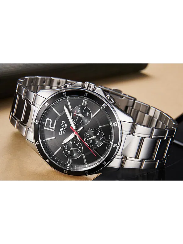 Часы CASIO Waterproof Stainless Steel Strap Quartz Mens Black Analog — изображение 3 из 4, оттенок черный