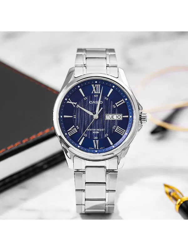 Часы CASIO Waterproof Stainless Steel Strap Mens Blue Analog — изображение 4 из 4, оттенок синий