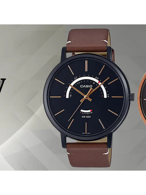 Часы Men's CASIO Dress Series Waterproof Quartz Black Dial 43mm Leather Strap Watch Mens Brown — изображение 2 из 4