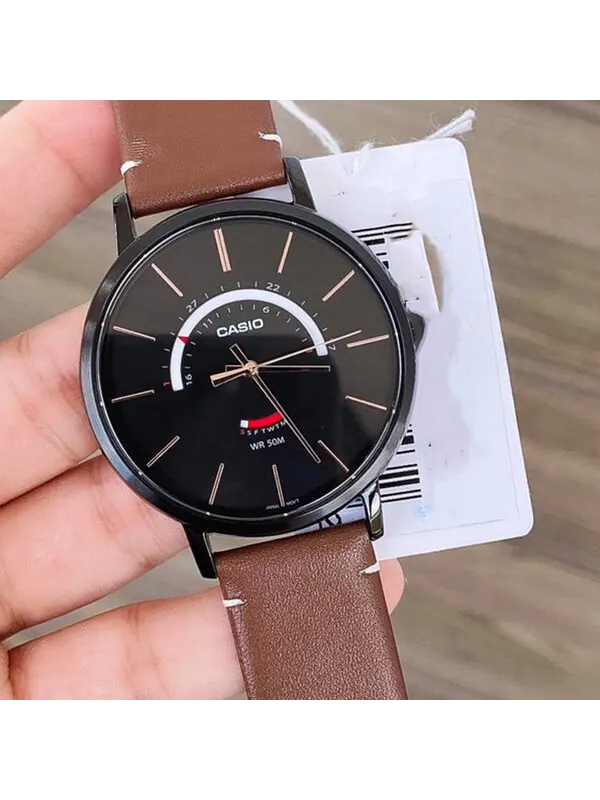 Часы Men's CASIO Dress Series Waterproof Quartz Black Dial 43mm Leather Strap Watch Mens Brown — изображение 3 из 4