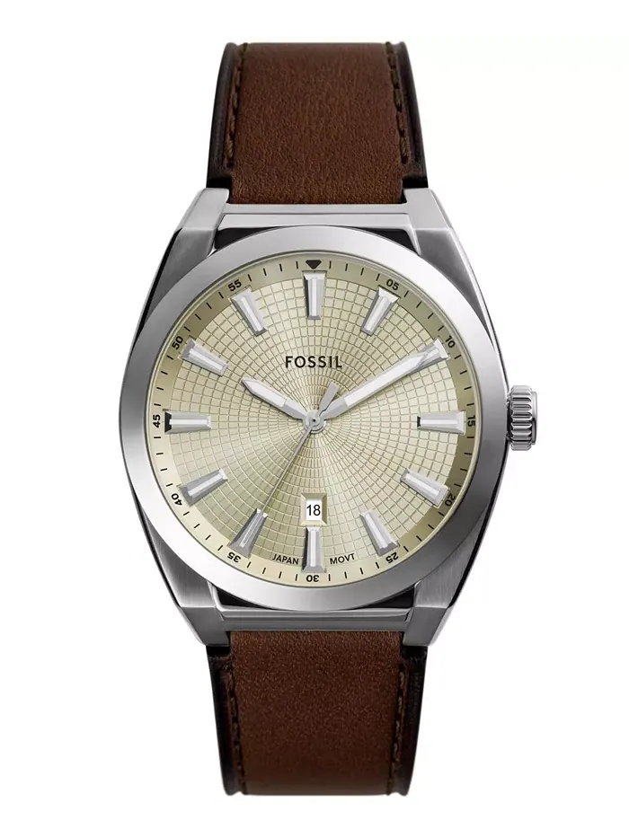 Мужские часы Everett Three-Hand Date с коричневым кожаным ремешком, 42 мм Fossil — изображение 1 из 3