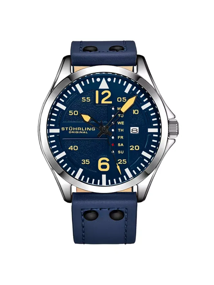 Мужские часы Aviator Blue Leather с круглым циферблатом 51 мм