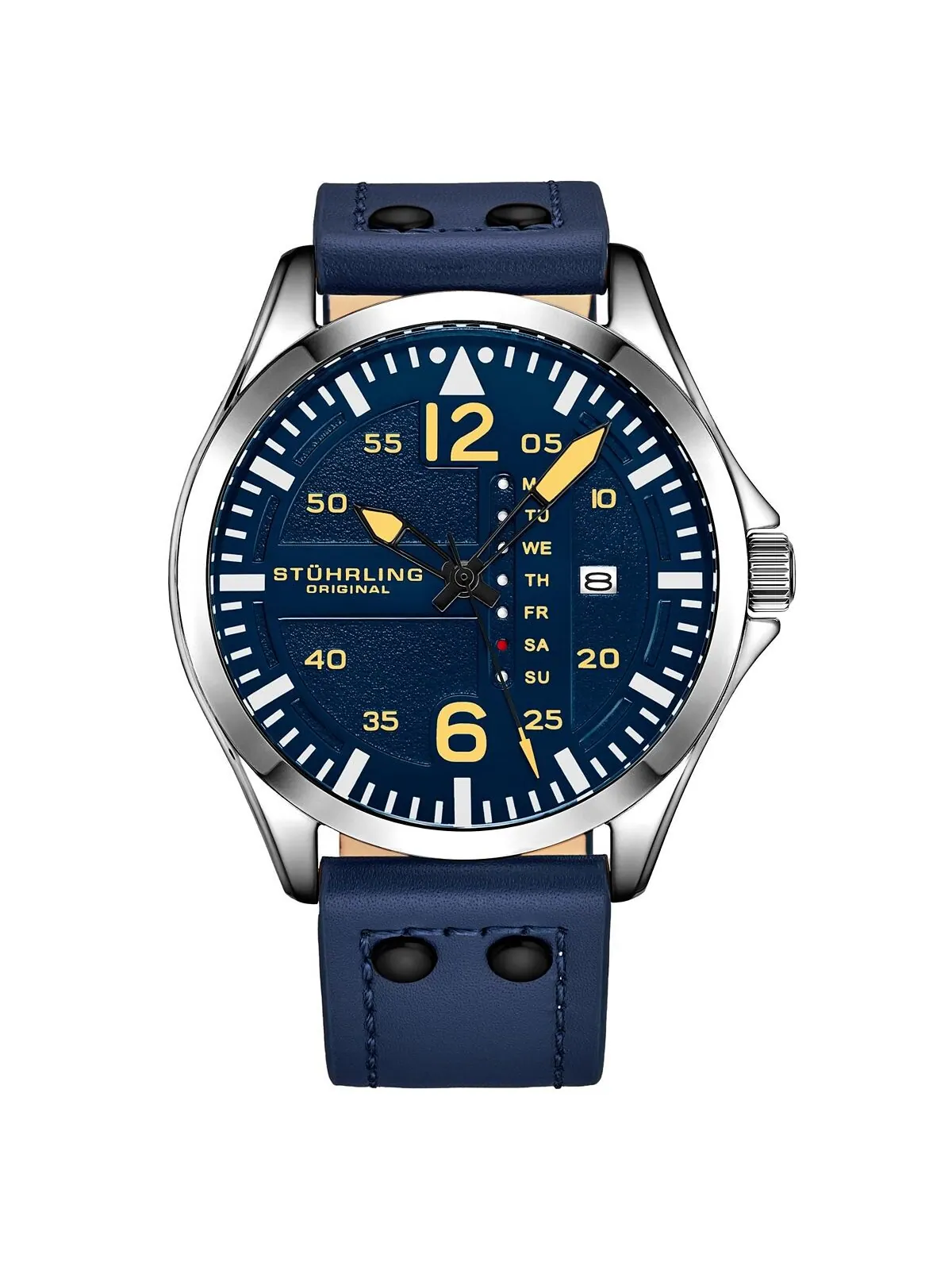 Мужские часы Aviator, синяя кожа, синий циферблат, круглые часы 51 мм Stuhrling