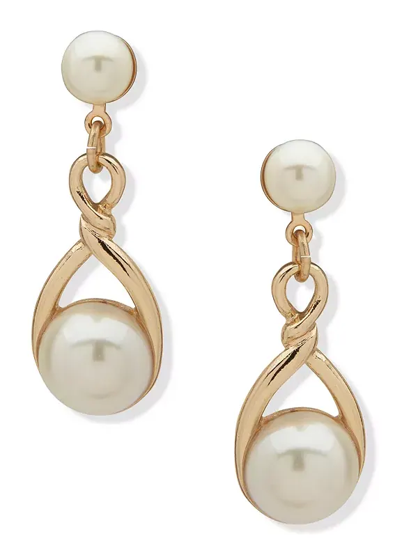 Серьги-Капельки с имитацией жемчуга золотистого оттенка Anne Klein — изображение 1 из 2, оттенок белый