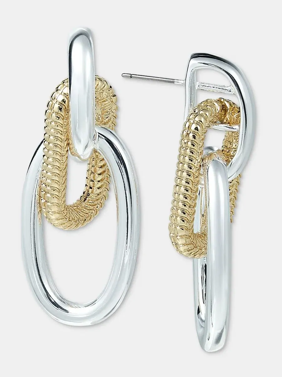 Серьги-гвоздики с цепочкой-дверным молоточком, двухцветные Anne Klein — изображение 2 из 4, оттенок телесный