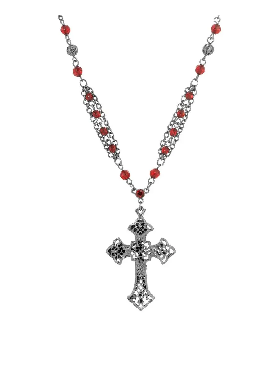 Черный готический крест, цепочка из красных бусин, длина 40 см + 7,5 см Symbols Of Faith — красный