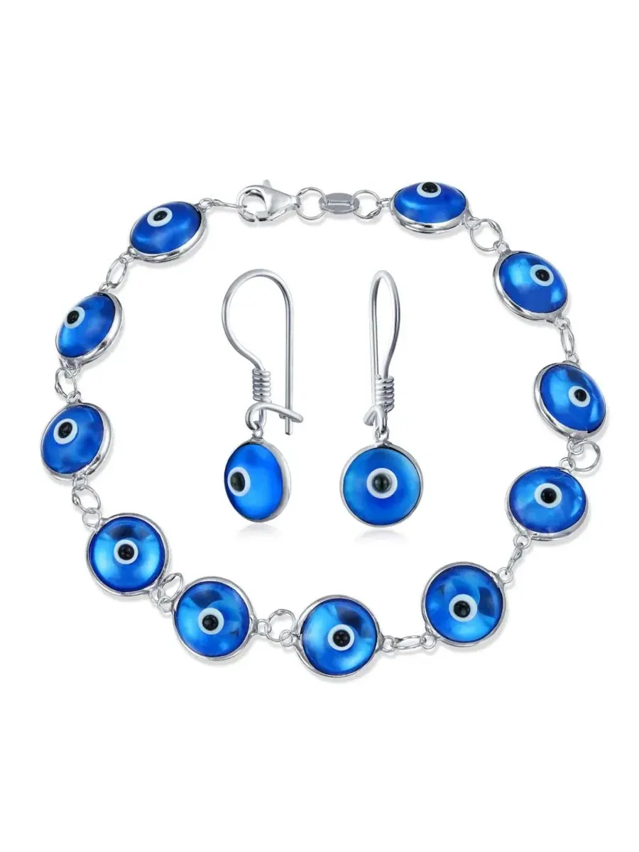 Амулет для духовной защиты от сглаза: браслет и серьги Bling Jewelry — изображение 1 из 5, оттенок светлый синий