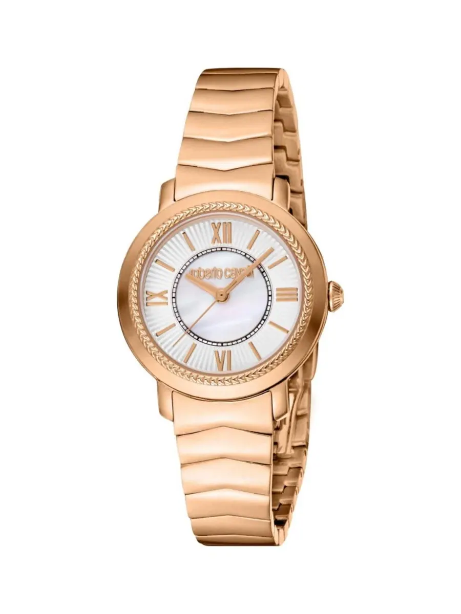 Женские часы Glam Quartz IP Stainless Steel Bracelet Watch Roberto Cavalli — розовый