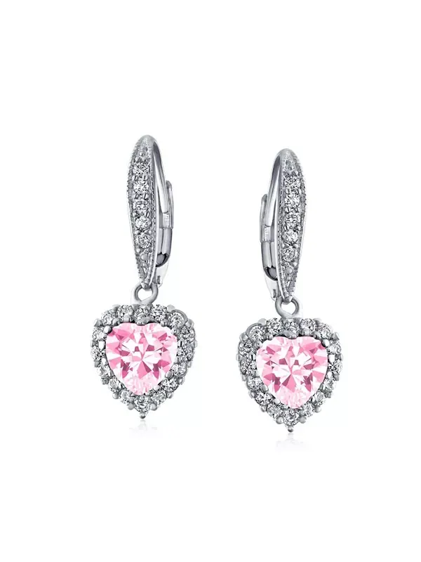Серьги-Подвески с застежкой-рычажком из кубического циркония розового цвета в форме сердца, 4 — изображение 4 из 4