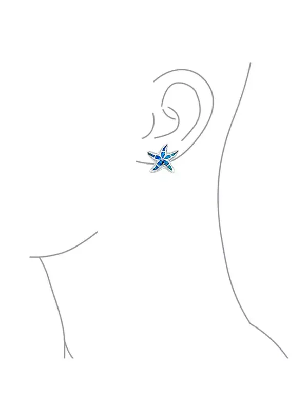 Большие серьги-гвоздики с синей инкрустацией в виде морской звезды, синтетического опала, с морским — изображение 4 из 4