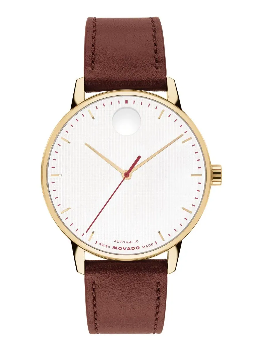 Мужские часы Movado Face Automatic с коричневым кожаным ремешком, 39 мм — изображение 1 из 3, оттенок белый