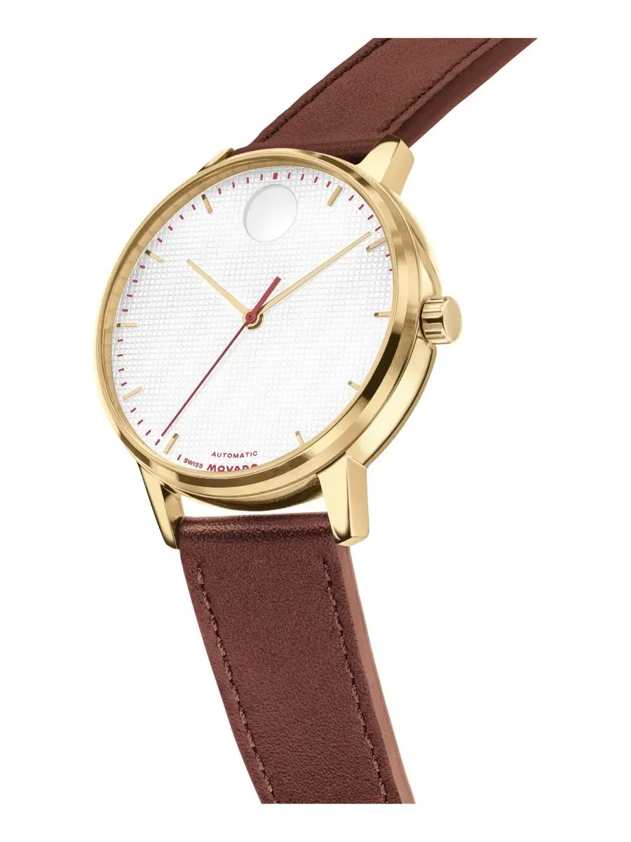 Мужские часы Movado Face Automatic с коричневым кожаным ремешком, 39 мм — изображение 2 из 3, оттенок белый