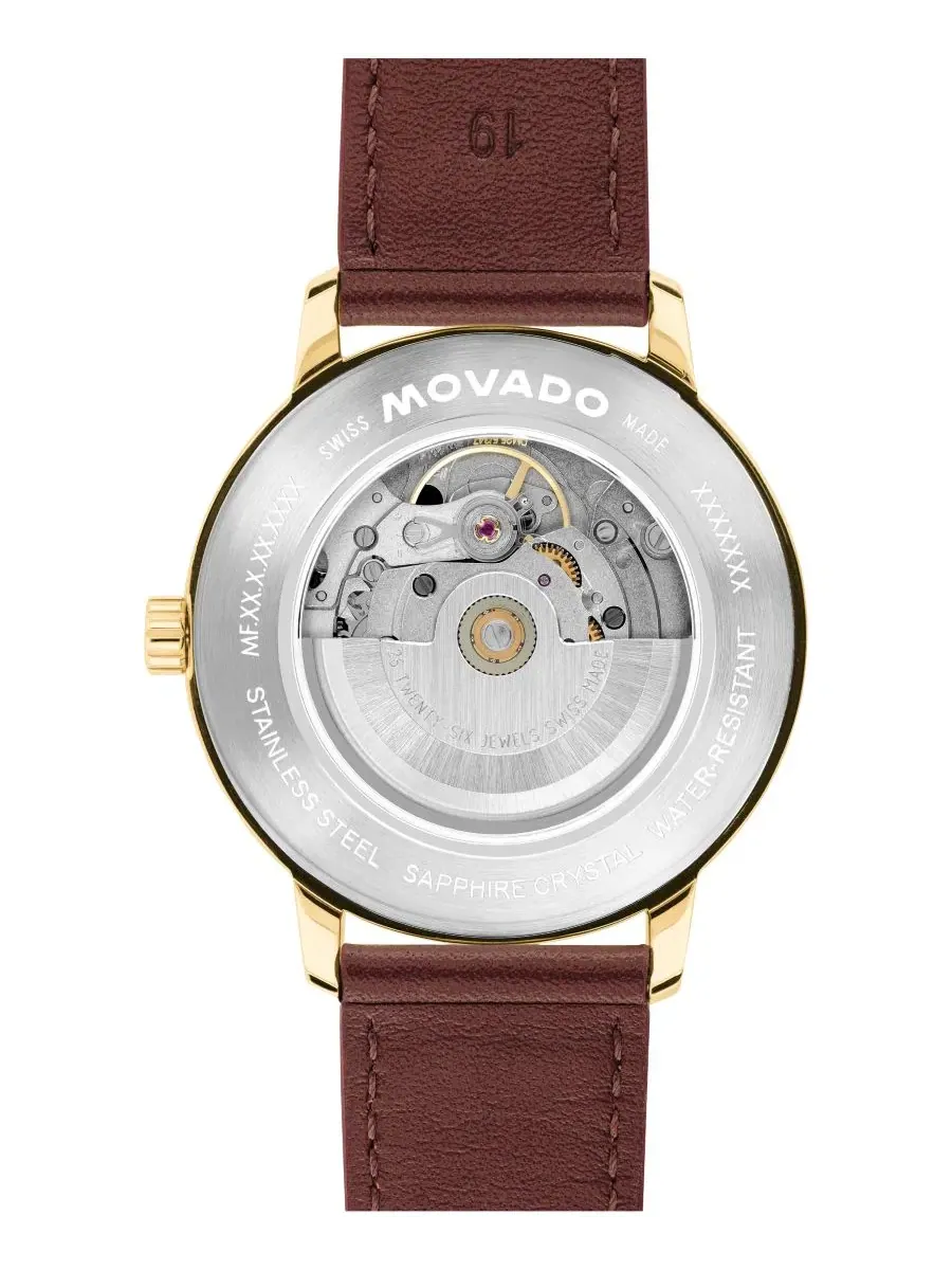 Мужские часы Movado Face Automatic с коричневым кожаным ремешком, 39 мм — изображение 3 из 3, оттенок белый
