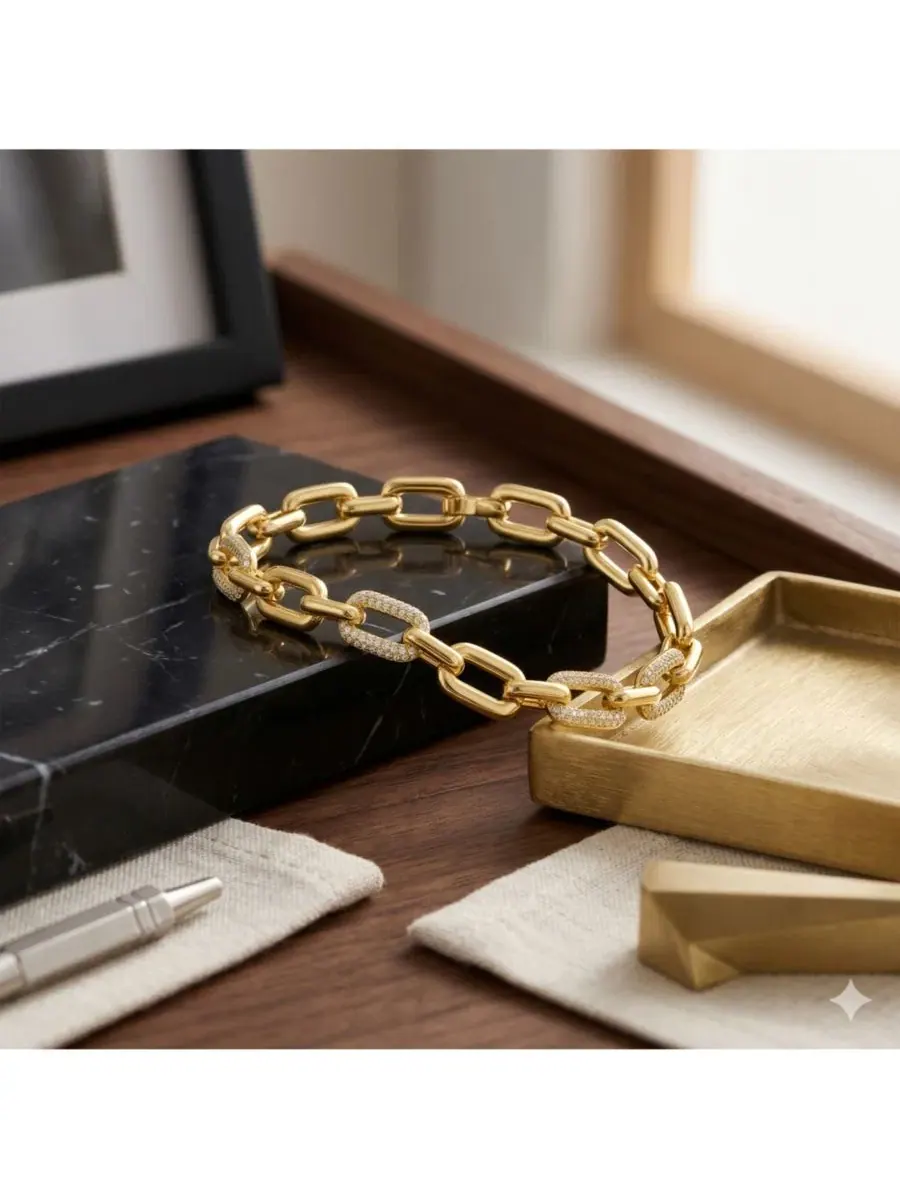 Браслет с чередующимися звеньями Polished and Pave CZ Simona — изображение 3 из 3, оттенок золото
