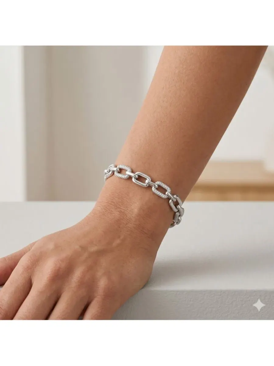 Браслет с чередующимися звеньями Polished and Pave CZ Alternating Link Simona — изображение 2 из 3, оттенок серебряный