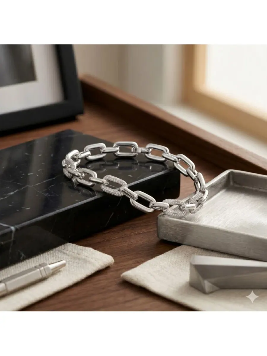 Браслет с чередующимися звеньями Polished and Pave CZ Alternating Link Simona — изображение 3 из 3, оттенок серебряный