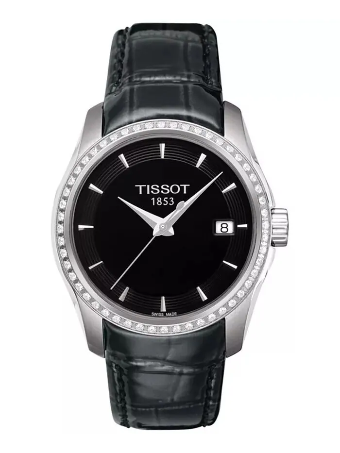 Женские часы Swiss Couturier Diamond (1/3 карата) с черным кожаным ремешком, 32 мм Tissot