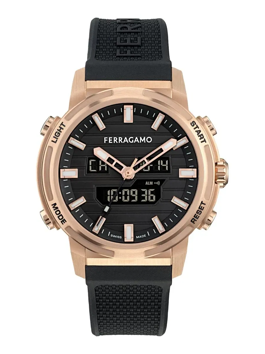 Мужские часы Sport Anadigit с розовым золотом и черным цифровым циферблатом, 43 мм Ferragamo — изображение 1 из 4
