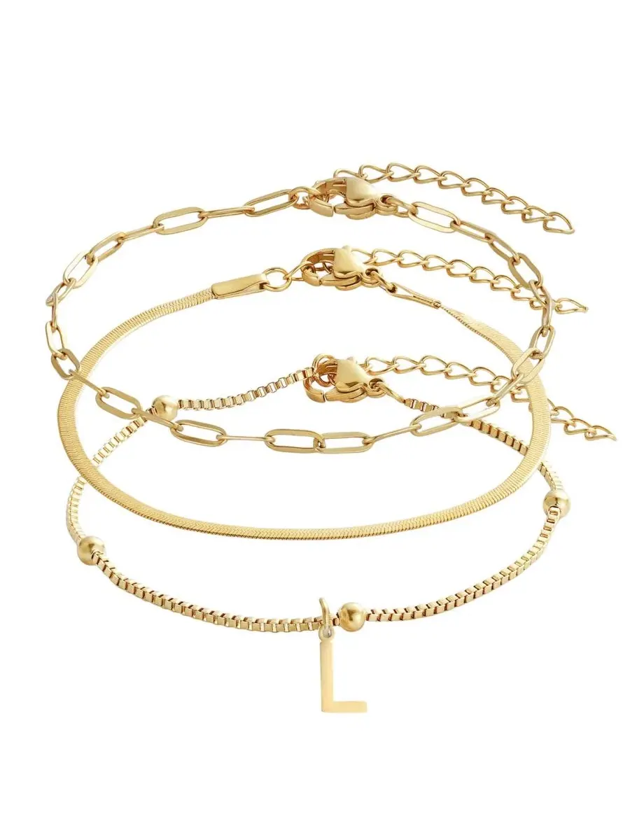 Комплект из 3 браслетов-цепочек с подвеской-буквой, 18K золотое покрытие ADORNIA