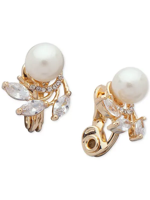 Серьги-Клипсы EZ Comfort с кубическим цирконием и искусственным жемчугом Anne Klein — изображение 1 из 2, оттенок золото