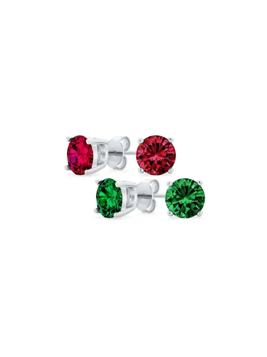 Комплект сережек-пусетов с кубическим цирконием, 7 мм Bling Jewelry — изображение 1 из 3, оттенок красный зеленый