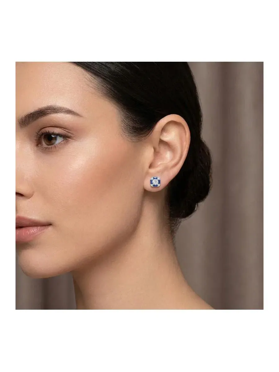 Серьги-пусеты с кристаллами, модель Vintage Geometric Cushion Studs Rachel Glauber — изображение 2 из 3, оттенок синий