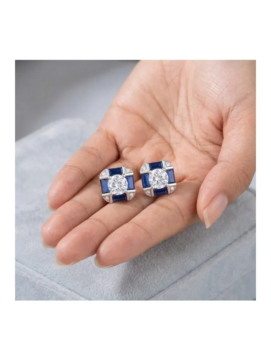 Серьги-пусеты с кристаллами, модель Vintage Geometric Cushion Studs Rachel Glauber — изображение 3 из 3, оттенок синий