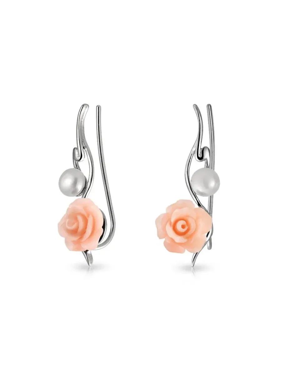 Серьги-каффы с жемчугом и розой из смолы, .925 стерлинговое серебро Bling Jewelry