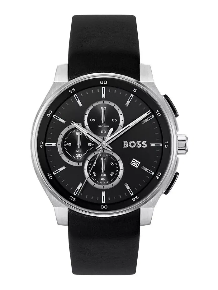 Мужские часы Peak 2.0 Quartz Chrono, черные кожаные часы, 45 мм Hugo Boss — изображение 1 из 3, оттенок черный