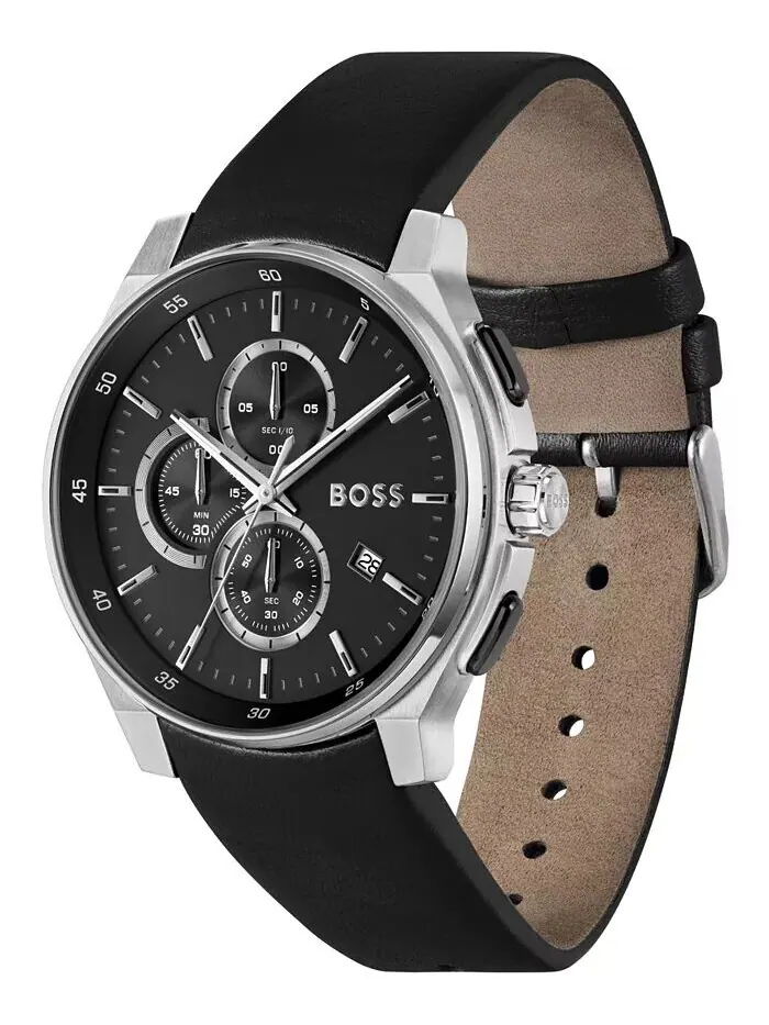 Мужские часы Peak 2.0 Quartz Chrono, черные кожаные часы, 45 мм Hugo Boss — изображение 2 из 3, оттенок черный