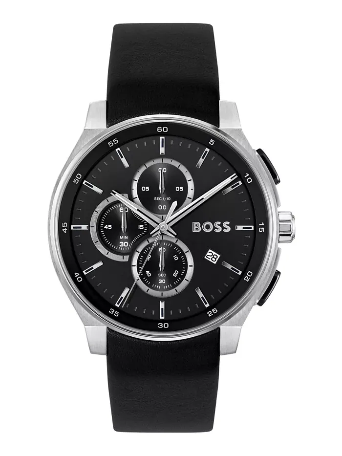 Мужские часы Peak 2.0 Quartz Chrono с черным кожаным ремешком, 45 мм Hugo Boss — изображение 1 из 3