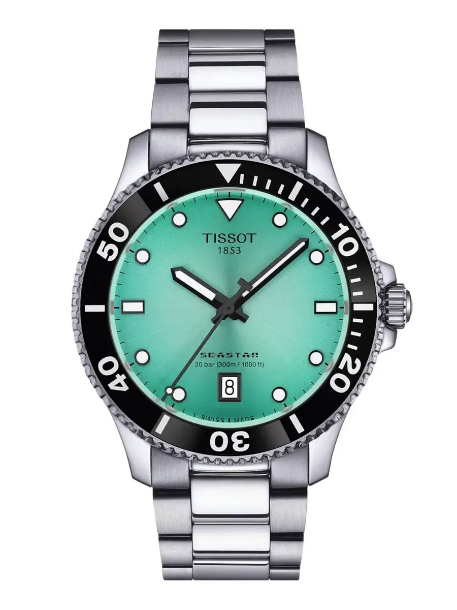 Мужские часы Seastar с серым ремешком из нержавеющей стали, диаметр 40 мм Tissot — изображение 1 из 3, оттенок бирюзовый