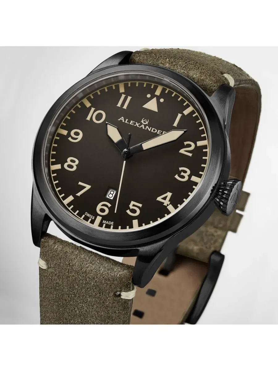 Мужские часы-авиатор Alexander Aviator A601.02 с сапфировым стеклом, 42 мм — изображение 4 из 5, оттенок оливковый