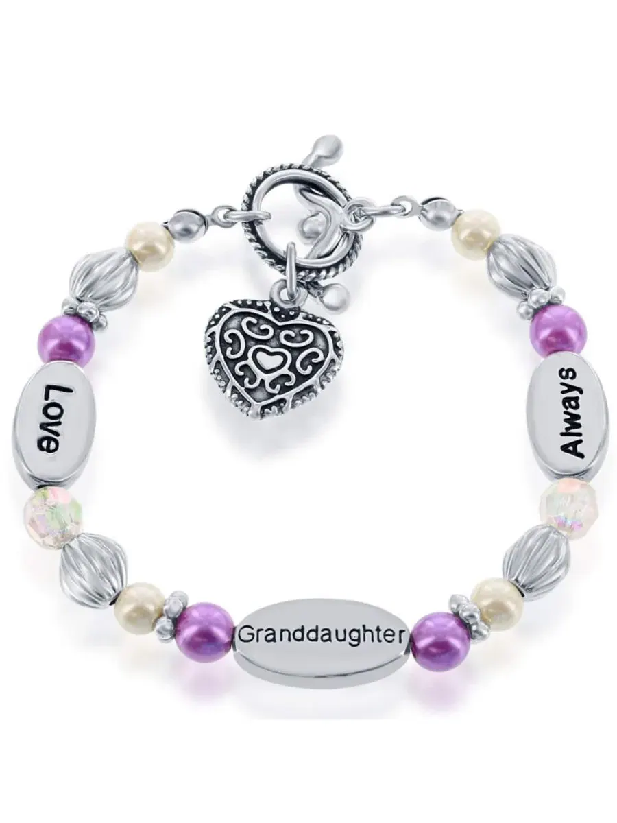 Браслет-шарм с сердцем и бусинами, Love Always Granddaughter Simona — изображение 1 из 4, оттенок фиолетовый белый