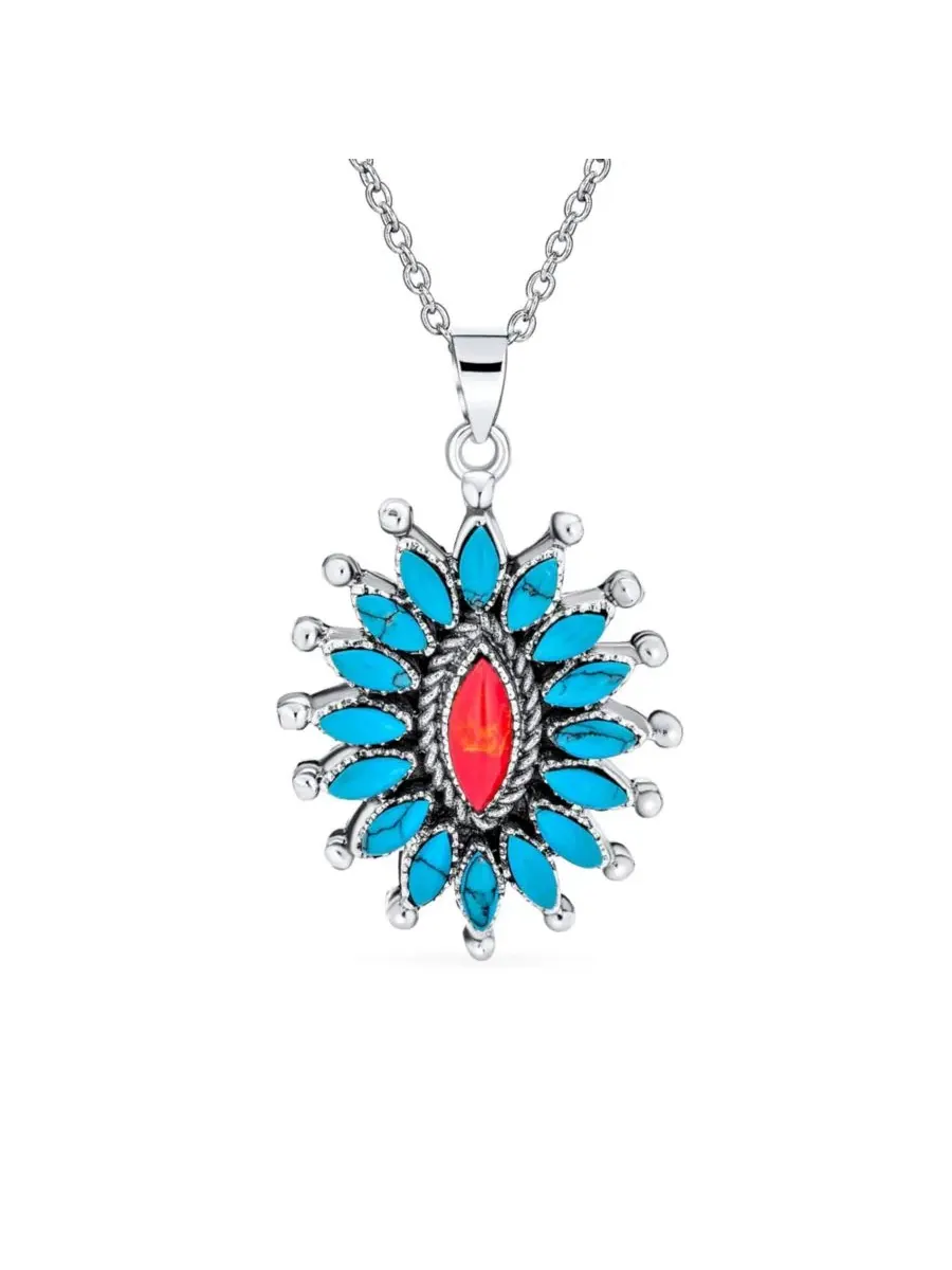 Кулон-подвеска с бирюзой и кораллом, модель Flower Blossom Bling Jewelry — изображение 1 из 5, оттенок серебряный