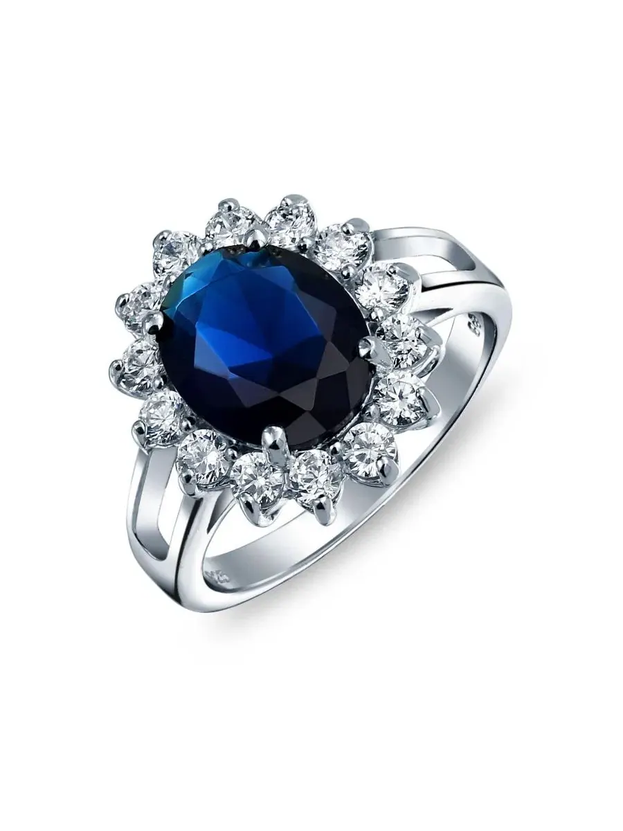 Кольцо-обещание с овальным камнем 5 карат, с гало-оправой Bling Jewelry — изображение 1 из 4, оттенок синий