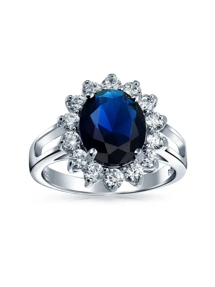 Кольцо-обещание с овальным камнем 5 карат, с гало-оправой Bling Jewelry — изображение 2 из 4, оттенок синий