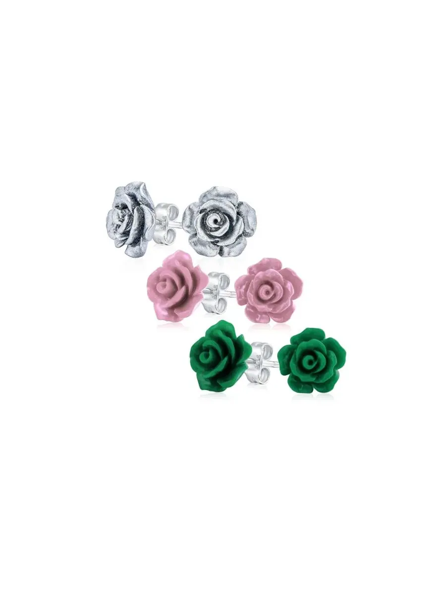 Серьги-гвоздики с 3D розой, из серебра 925 пробы, 3 пары Bling Jewelry