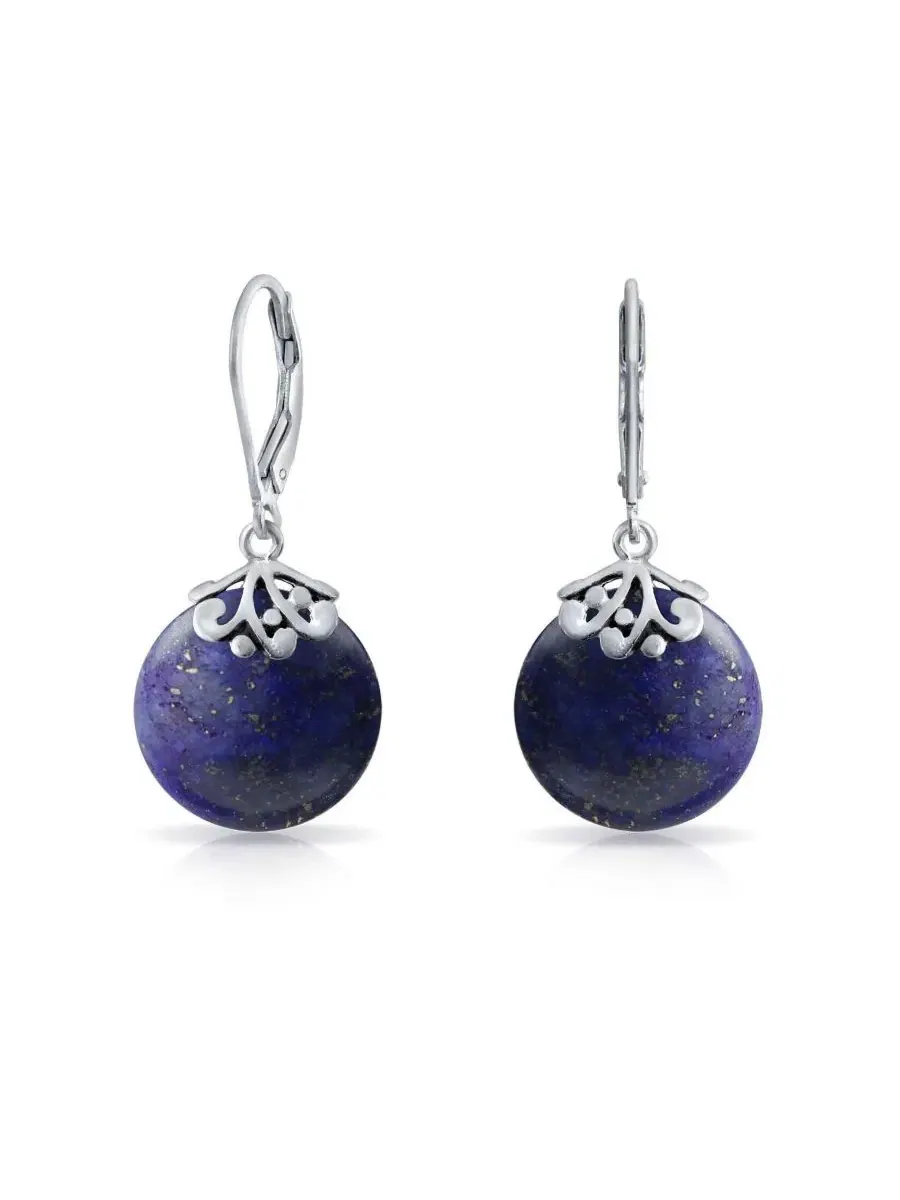 Серьги-подвески круглые с лазуритом .925 Sterling Silver — изображение 1 из 4, оттенок синий