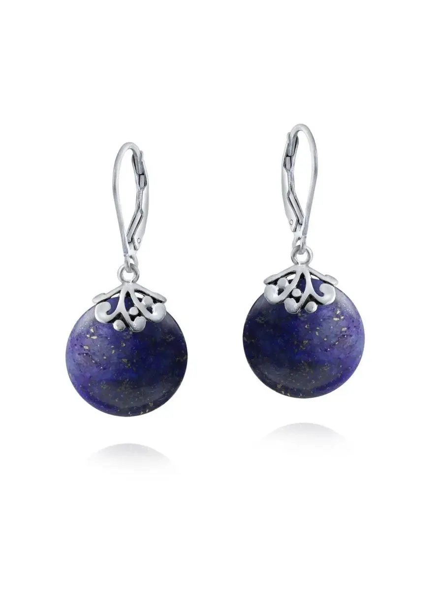 Серьги-подвески круглые с лазуритом .925 Sterling Silver — изображение 2 из 4, оттенок синий