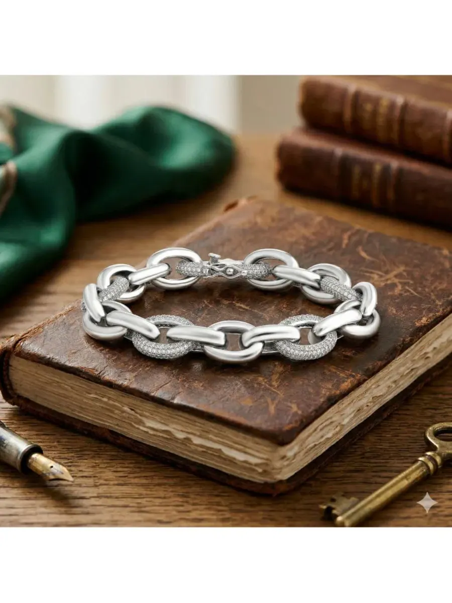 Браслет с подвесками Pave CZ and Polished Oval Link Simona — изображение 3 из 3, оттенок серебряный