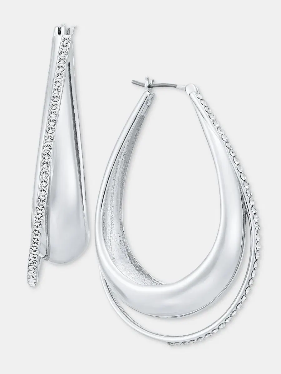 Серьги-кольца овальные с перекрестным дизайном, паве DKNY — изображение 2 из 4, оттенок серебряный
