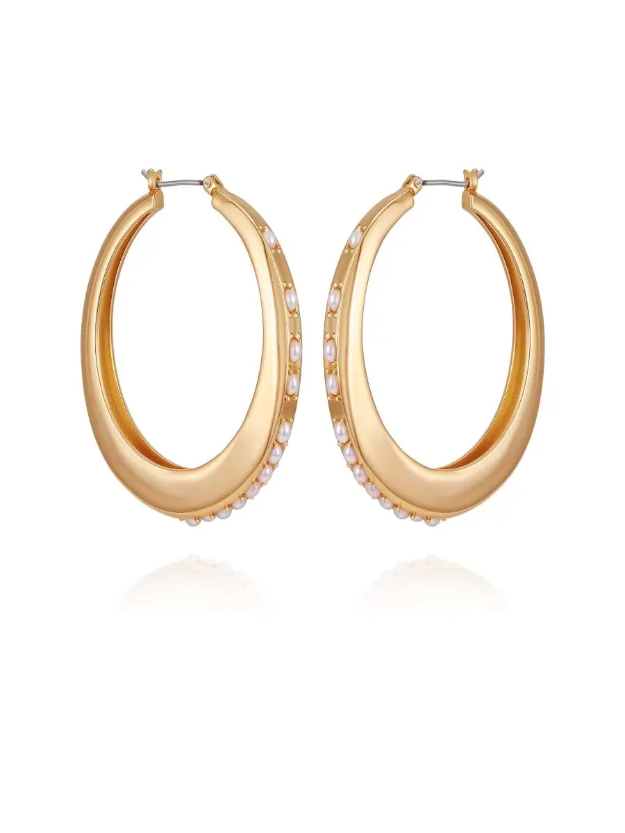 Серьги-кольца из стеклянных камней и искусственного жемчуга Guess — изображение 1 из 3, оттенок золотистый