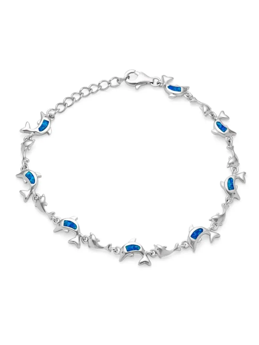 Браслет с дельфинами и синтетическим опалом, серебро 925 пробы Bling Jewelry — изображение 1 из 3, оттенок синий